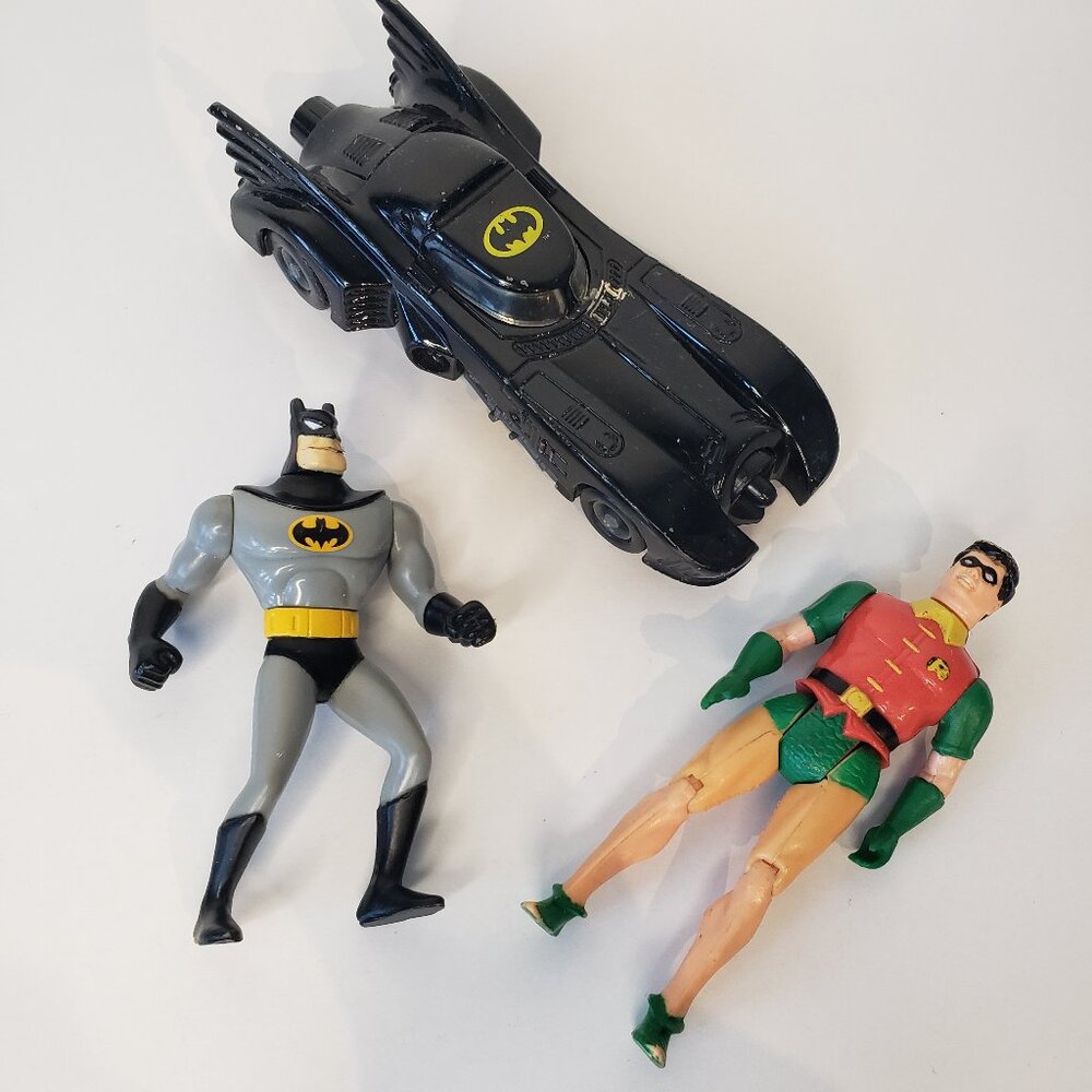 1989 ERTL Batman Black Metal Diecast Batmobile + Batman Robin Action Figures Set